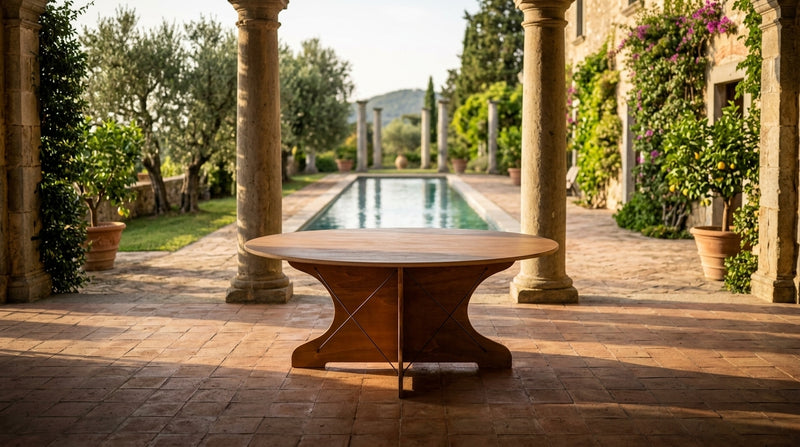 Tavolo da giardino rotondo Silhouette sotto un portico vicino alla piscina