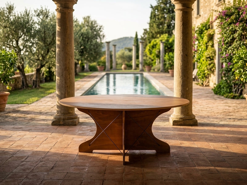 Tavolo da giardino rotondo Silhouette sotto un portico vicino alla piscina