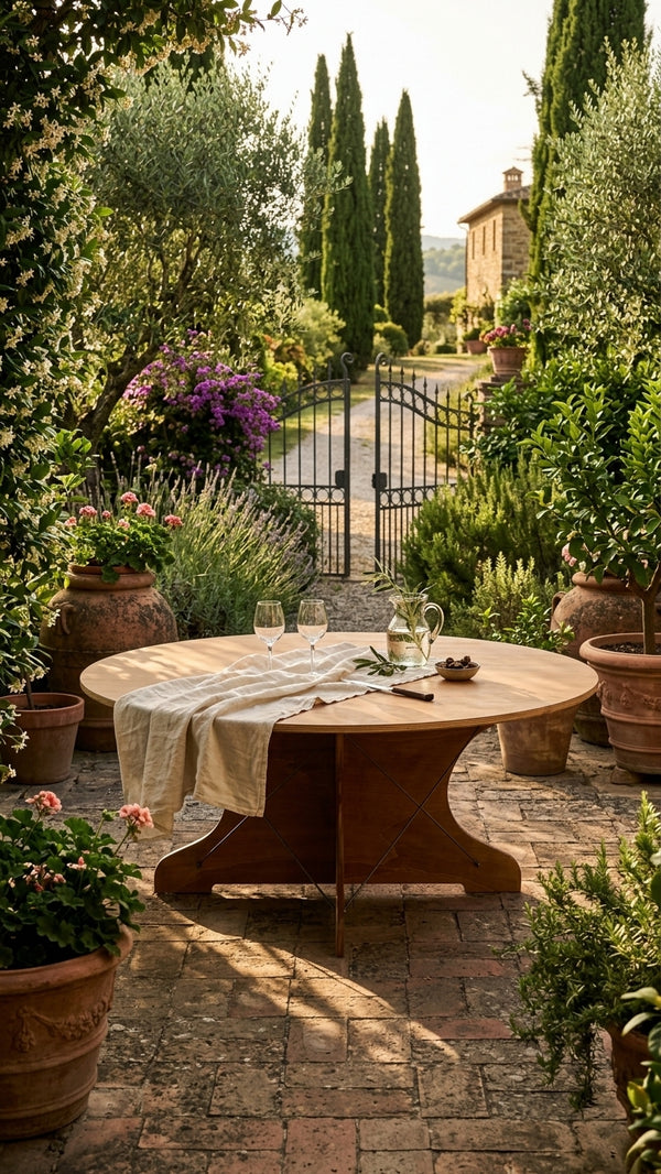 Tavolo da giardino artigianale Silhouette in un giardino privato
